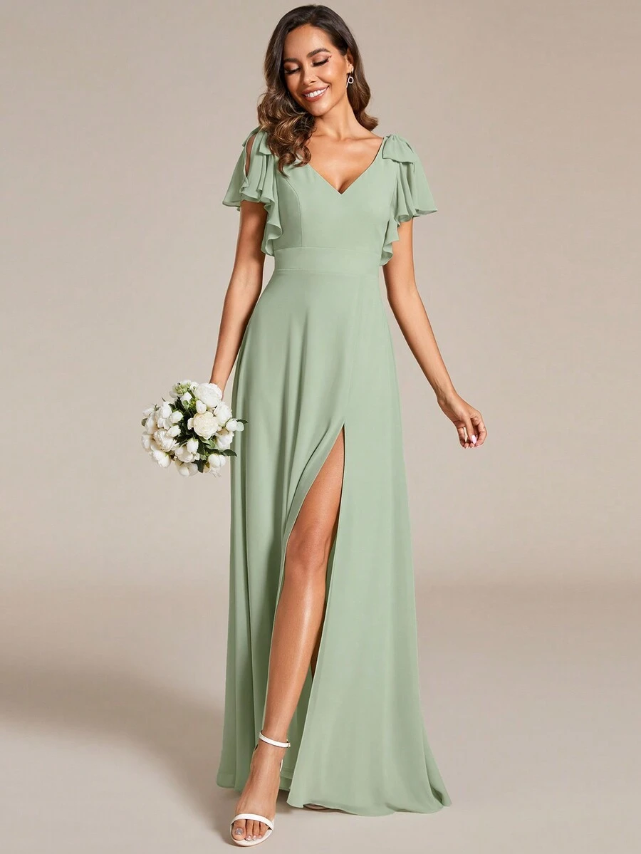 Chiffon Split Thigh Ruffle Trim Bow Shoulder Bridesmaid Dress - Mint Green - View 1