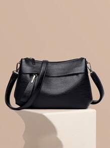 Women's PU Leather Vintage Shoulder Bag Art Messenger Bag Practical Zipper Bag Multifunctional Shopping Bag - 黑色 - 查看 2