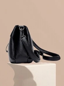 Women's PU Leather Vintage Shoulder Bag Art Messenger Bag Practical Zipper Bag Multifunctional Shopping Bag - 黑色 - 查看 4