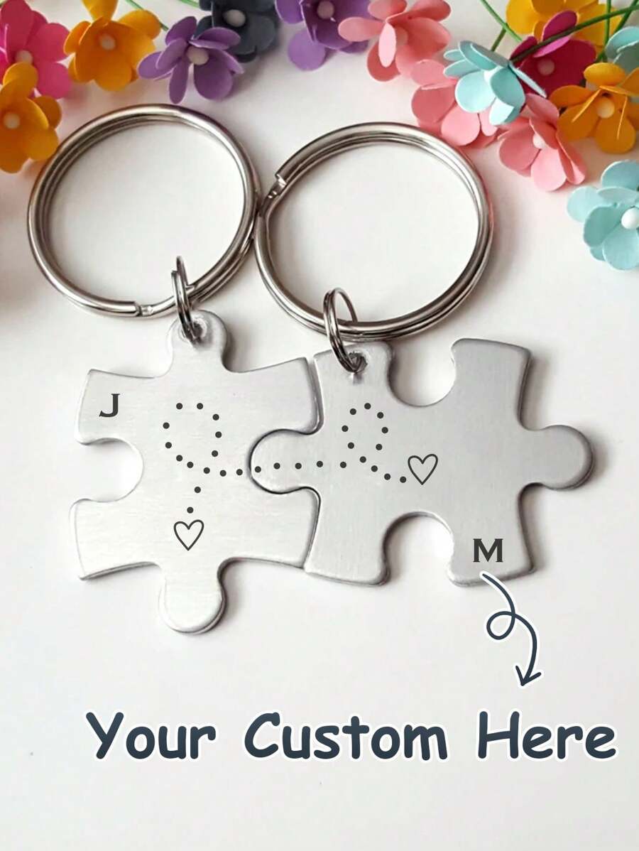Personalized Puzzle Key Chain With Names Couples Key Chain Set Puzzle Jewelry Anniversary Gift Boyfriend Gift Valentine'S Day Gift For Her - Multicolor - View 1