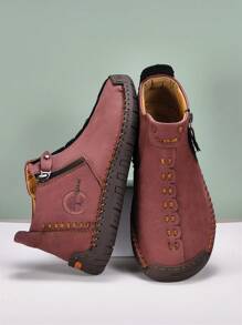 New Designer Men's Fashion Vintage Style Boots, Solid Color Versatile Handmade Casual Shoes With Side Zipper, Lightweight Soft Comfortable Shoes, Non-Slip Flat Shoes, Loafers, Low-Top Ankle Boots, Suitable For Outdoor, Spring/Summer/Autumn - Red - View 8