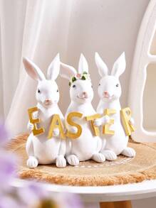 1 szt. Kreatywny, słodki 3 biały królik trzymający litery wielkanocne w kształcie dekoracji pulpitu, ręcznie malowana figurka wielkanocnego króliczka z żywicy, dekoracja do wewnątrz/na zewnątrz na imprezę z okazji świąt wielkanocnych, uroczy prezent wiosenny w kształcie królika, dzieło sztuki domowej