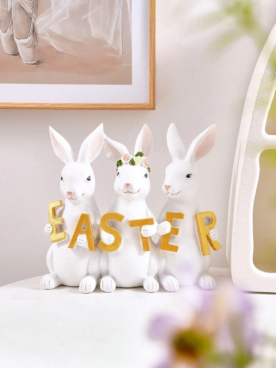 1 szt. Kreatywny, słodki 3 biały królik trzymający litery wielkanocne w kształcie dekoracji pulpitu, ręcznie malowana figurka wielkanocnego króliczka z żywicy, dekoracja do wewnątrz/na zewnątrz na imprezę z okazji świąt wielkanocnych, uroczy prezent wiosenny w kształcie królika, dzieło sztuki domowej