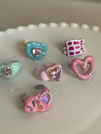 Y2K 珐琅滴油心彩色戒指女款女孩韩国时尚可爱唯美粉绿戒指首饰配饰