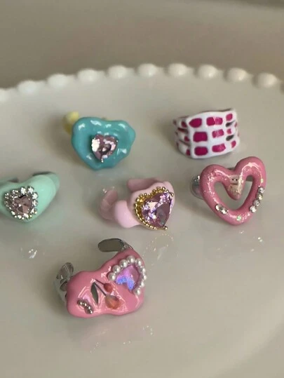 แหวนสำหรับผู้หญิงและเด็กหญิงแฟชั่นเกาหลี น่ารักสีสันสวยงาม สีชมพูเขียว เครื่องประดับ Y2K ลายยาย ดรอปสีน้ำมัน หัวใจ
