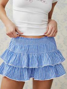 Womens Tiered Ruffled Short Skirts Plaid Print Smocked Waist Lacy Trim Cute Mini Skirts - 藍色 - 查看 2