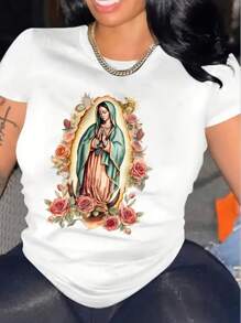 Women's 100% Cotton Virgin Mary & Flower Printed Short Sleeve Casual T-Shirt, Women's Christmas 220g Heavy Cotton T-Shirt (1 PC)