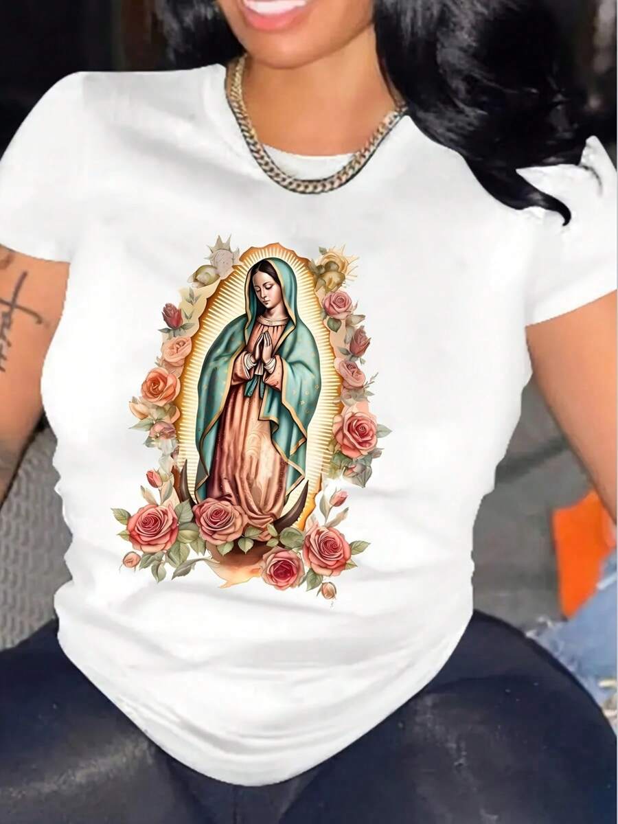 Women's 100% Cotton Virgin Mary & Flower Printed Short Sleeve Casual T-Shirt, Women's Christmas 220g Heavy Cotton T-Shirt (1 PC)