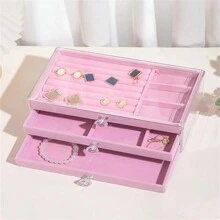 3/5 层带抽屉珠宝收纳盒 - 桌面矩形塑料珠宝收纳盒，适用于链条、项链、手链、耳环 - 多用途 - 优雅实用的家居珠宝收纳盒 - 粉色 - 查看 5