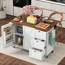 K&K 54.5" Farmhouse Kitchen Island With Power Outlet, Kitchen Storage Island  With Internal Storage Rack, Drop Leaf, Spice Rack, Rolling Kitchen Cart On Wheels, For Home, Kitchen And Dining Room,White - Nhiều màu - Xem 2