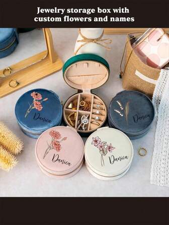 Customized Round Jewelry Box - Portable Coral Velvet Jewelry Storage Box With Personalized Birthday Flower, Holds Necklaces, Earrings, Rings - Multi-Layer Travel Organizer - Bridesmaid Gift, Birthday Gift, Grandma Gift, Anniversary Gift, Valentine's Day Gift, Birthday Gift, Wedding Gift, Mother's Day Gift, Best Friend Gift, Gift For Mom, Gift For Girlfriend, Gift For Her, Gift For Wife, Back To School Gift, Graduation Gift