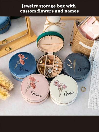 Customized Round Jewelry Box - Portable Coral Velvet Jewelry Storage Box With Personalized Birthday Flower, Holds Necklaces, Earrings, Rings - Multi-Layer Travel Organizer - Bridesmaid Gift, Birthday Gift, Grandma Gift, Anniversary Gift, Valentine's Day Gift, Birthday Gift, Wedding Gift, Mother's Day Gift, Best Friend Gift, Gift For Mom, Gift For Girlfriend, Gift For Her, Gift For Wife, Back To School Gift, Graduation Gift