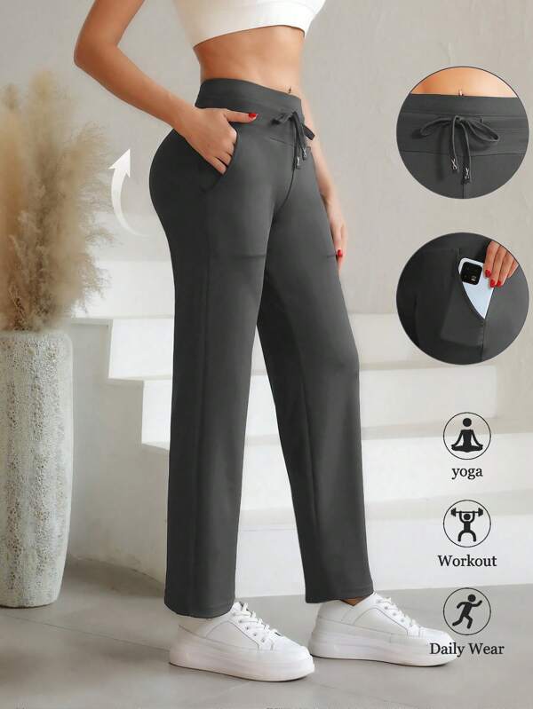 1 pieza Pantalón de yoga de pierna ancha para mujer, pantalón informal de cintura alta con estiramiento y bolsillos, cómodo y de moda para estatura baja a alta, apto para uso diario y entrenamiento