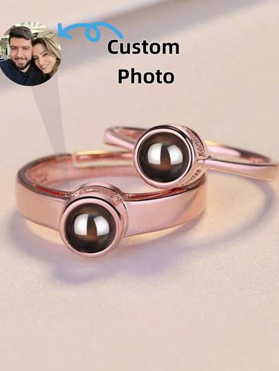 2pcs Custom Photo Projection Couple Rings, Personalized Silver & Gold Adjustable Rings