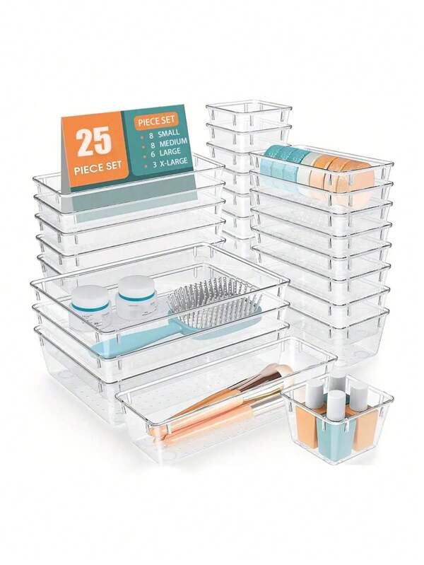 1/25PCS Clear Plastic Desk And Bathroom Drawer Organizer - Divider Container For Dresser And Clothes Storage Desk Storage Organization