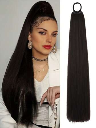 Extensiones de cola de caballo de 16 pulgadas/26 pulgadas/34 pulgadas, banda elástica versátil de color marrón oscuro, extensión de cola de caballo resistente al calor para mujeres, cola de caballo larga y recta DIY para envolver, cola de caballo sintética suave y natural para uso diario, cosplay, regalos de Navidad, música, festival y carnaval de Año Nuevo