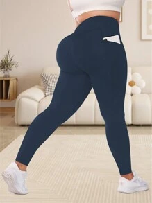 大码女式高腰不透明收腹紧身打底裤，带口袋，高腰健身七分裤，带口袋，运动跑步紧身裤