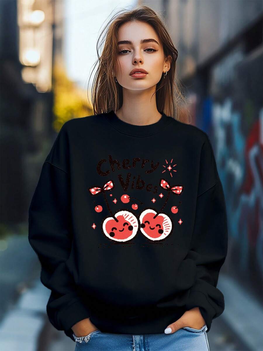 Women'sStreet Retro Style Bow Cherry Letters Print Sweatshirt Pullover Fall Loose Fashion Long Sleeve Crew Neck Sweatshirt Casual Comfy Clothes - Black - View 1
