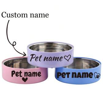 Personalized Stainless Steel Dog Bowl, Pet Bowl With Name Cat Water Bowl, Three Colors Suitable For Small And Medium Dog Food And Water Feeding Bowl. The Bottom Is Non-Slip, Odorless
