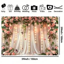UUFelice Valentine's Day Pink Rose String Curtain Backdrop, Warm Lighthouse & Butterfly Flower Wall Mural, Polyester Material, Easy To Hang, Indoor/Outdoor Wedding Proposal Party Decor, Photography Studio Props, Birthday Cake Table Supplies
