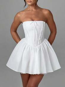 Women's Corset Mini Dress Strapless Lace Trim Solid Color Tube Top Dress Short Party Dress - 白色 - 查看 5