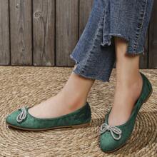 女士平底圆头芭蕾平底鞋，带蝴蝶结装饰，舒适优雅 - 綠色 - 查看 1