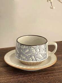 2件套日式复古咖啡杯陶瓷杯碟套装，创意粗陶拿铁杯，高端精致马克杯