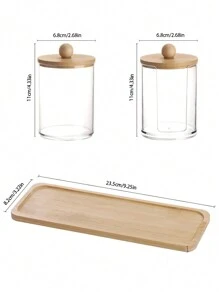 4pcs Cotton Swab Holder Set - Bathroom Storage Organizer, Round Toothpick Holder, With Bamboo Tray, Transparent Pill Bottle With Lid, Cotton Swab Dispenser