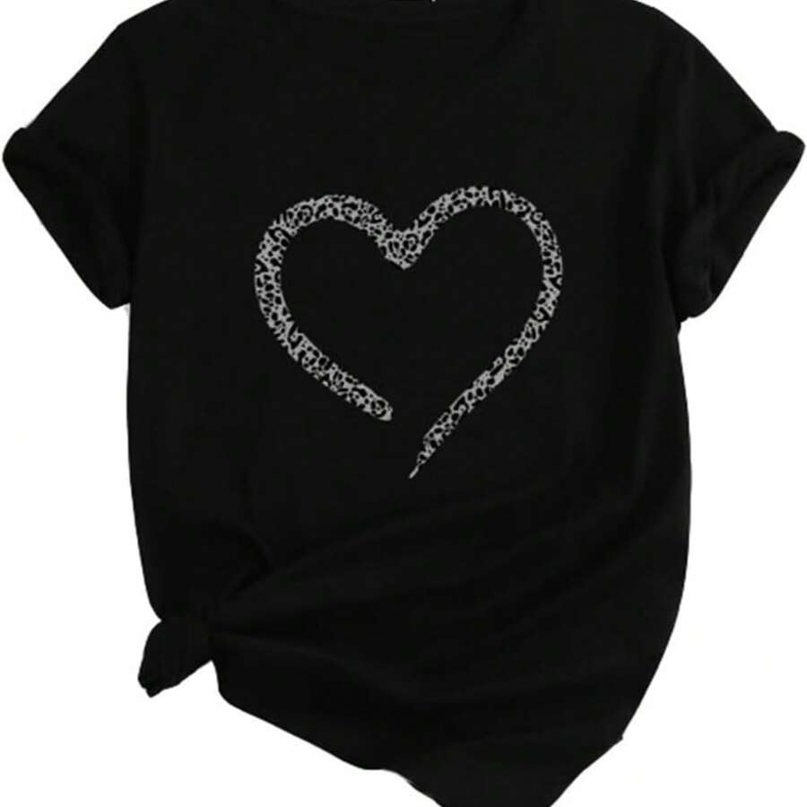 Womens Love Heart Leopard Print T-Shirts Casual Valentine's Day Gift Graphic Tees Tops - Black - View 1
