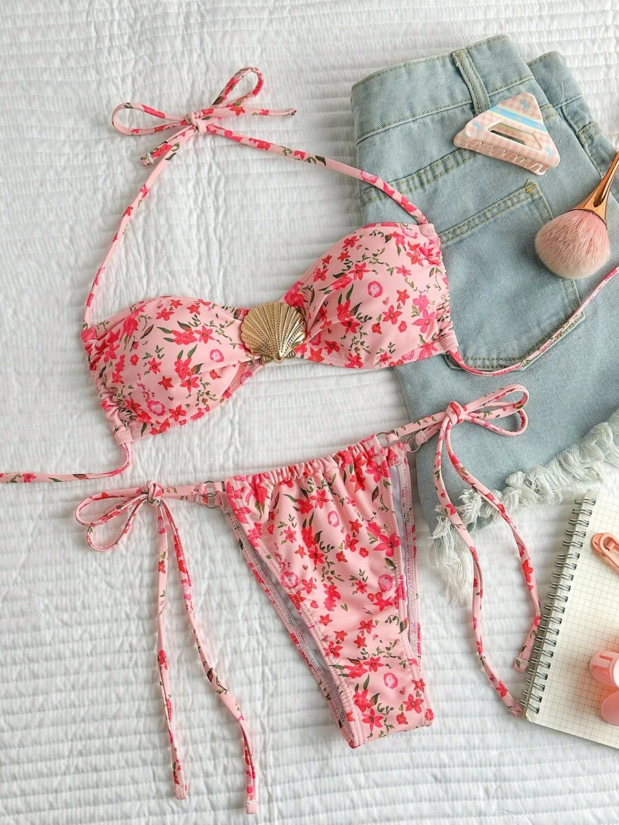 全新花卉印花软垫环吊带系带抹胸比基尼套装，性感比基尼套装，女士夏季沙滩时尚泳装 - 彩色 - 查看 1
