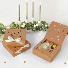 10pcs/Pack Square Kraft Paper Gift Box, Beige Bow Flap Gift Box, Hollowed Out Star And Moon Ramadan Festival Gift Box, Can Be Used For Candies, Party Favors, Holiday Favors, Etc.