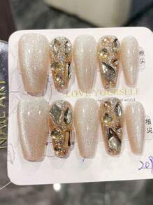 10pcs Coffin Shaped Extra Long Artificial Nails With Champagne Gold Catseye Rhinestone Glitter Design, Removable, Elegant Ballet Finger Style Nail Art Decor Stickers For Party, Wedding, Daily Wear, Includes 1pc Nail File