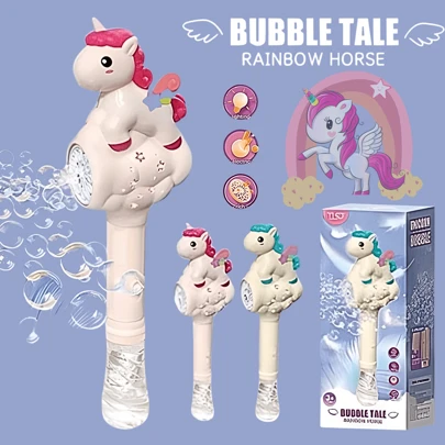 1 unidad de pistola de burbujas con forma de unicornio y nubes, pistola automatica con 12 agujeros, portatil, recargable y con lampara incluida; para niños y adultos, ideal para diversion al aire libre , bodas, fiestas de cumpleaños, regalo y cualquier celebracion, con solucion de 100 ml incluida, SIN BATERIAS INCLUIDAS