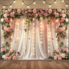 UUFelice Valentine's Day Pink Rose String Curtain Backdrop, Warm Lighthouse & Butterfly Flower Wall Mural, Polyester Material, Easy To Hang, Indoor/Outdoor Wedding Proposal Party Decor, Photography Studio Props, Birthday Cake Table Supplies
