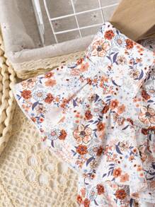 年轻女孩花卉印花荷叶边领无袖撞色网眼连衣裙 + 腰带 - 棕色 - 查看 3