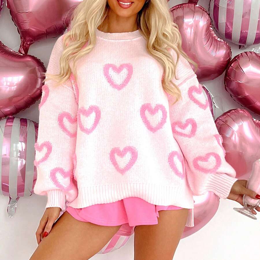 Women Cute Heart Pattern Sweaters Long Sleeve Crew Neck Pullover Oversized Jumper Ribbed Knitwear Y2k Going Out Top Casual Streetwear - Hồng - Xem 1