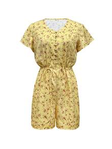 女士休闲花卉印花圆领短袖连体裤，温柔的日常穿着