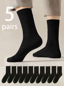 5 Pairs Men's Black Classic Moisture-Wicking Business And Sports Color Matching Dress Crew Crew Socks, Suitable For Daily Wear With Leather Shoes Or Sneakers, Fall