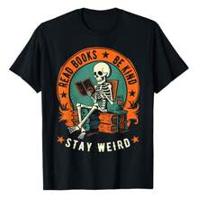 Women's Black Stylish T-Shirt Read Books Be Kind Stay Weird Skeleton Reading Goth Bookish T-Shirt