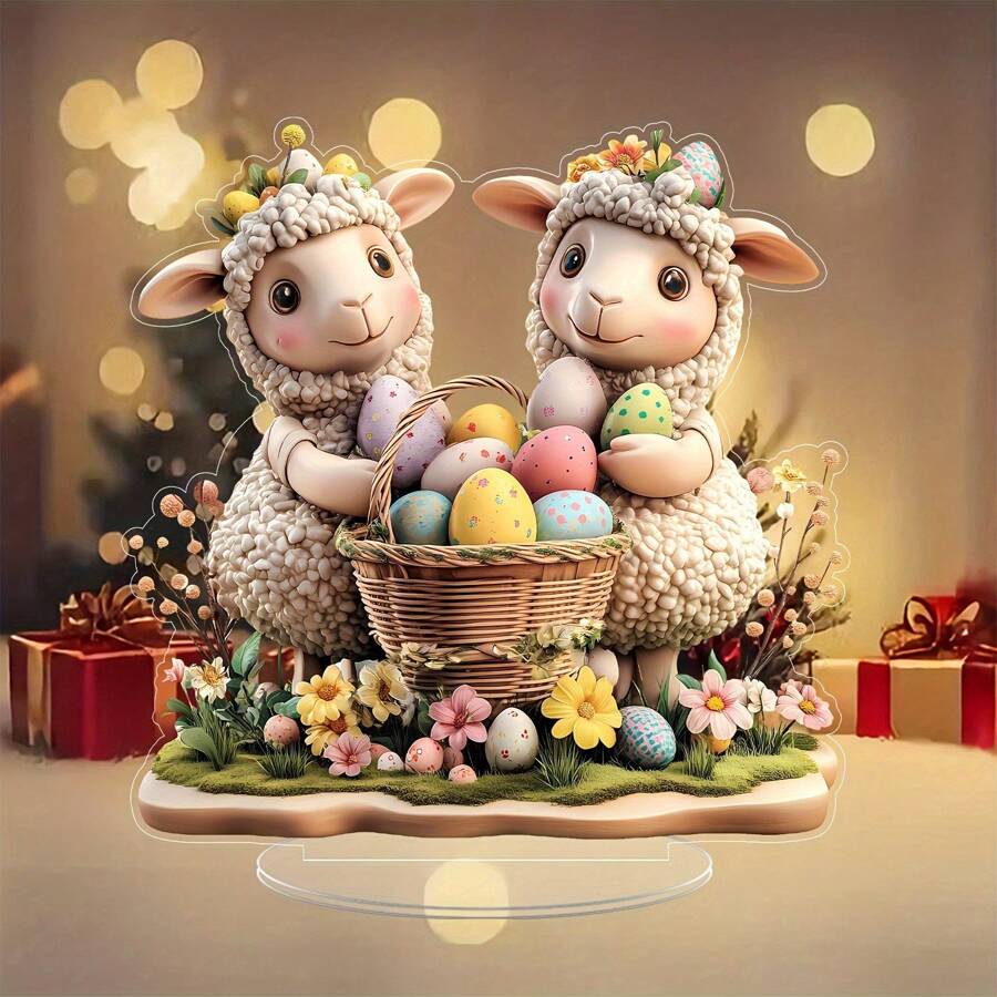 1pc 2D Acrylic Easter Lamb Egg Basket Decor, Ornament For Living Room Bedroom Tabletop Birthday Gifts Graduation - Transparent - View 1