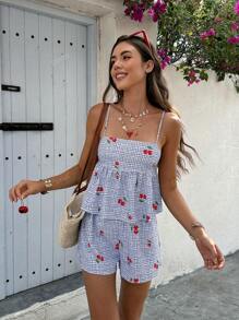 Set van 2 dames geruite top en shorts met kersenprint en ruches