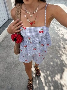 Set van 2 dames geruite top en shorts met kersenprint en ruches