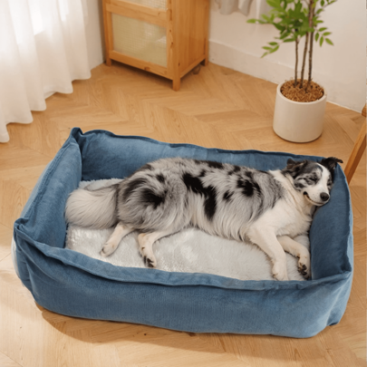 Cama removível para cães/gatos, uso em 4 estações, formato quadrado, fundo antiderrapante, tecido de flanela, enchimento de rayon PP altamente elástico, cama confortável para animais de estimação, estilo minimalista, disponível em amarelo, azul, cinza escuro, verde exército, vermelho rosa, cores sólidas, certificado pela SGS, proveniente de fabricante de tecidos para o lar