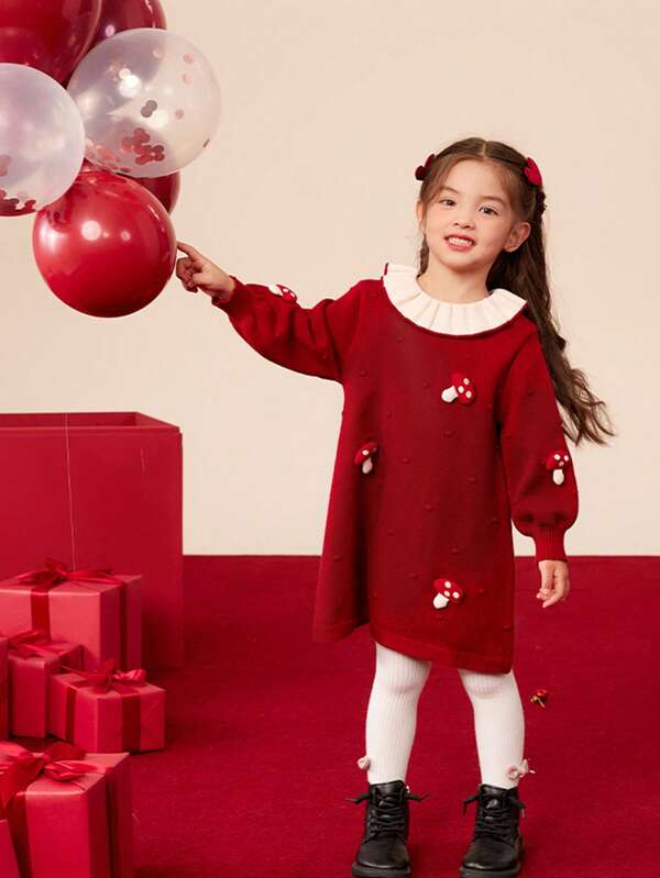 1pc Girls Cute Sweet Red Mushroom Graphic Long Sleeve Sweater Dress