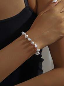 Conjunto de 4 piezas de joyería de mujer con perlas falsas elegantes - collar, aretes, pulsera, adecuado para novia, boda y ocasiones de fiesta