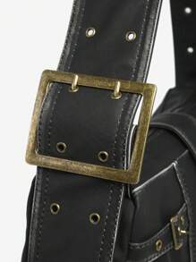 1pc Women's Vintage Y2K Western Distressed Maillard Leather Shoulder Underarm Bag, With Metal Decor, Adjustable Strap, Suitable For Street, Dating, Party - màu đen - Xem 6