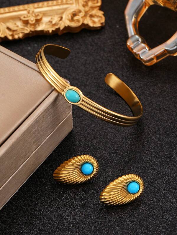 Set de 3 piezas de brazalete y aretes de acero inoxidable vintage, adecuado para uso diario y de fiesta de mujeres
