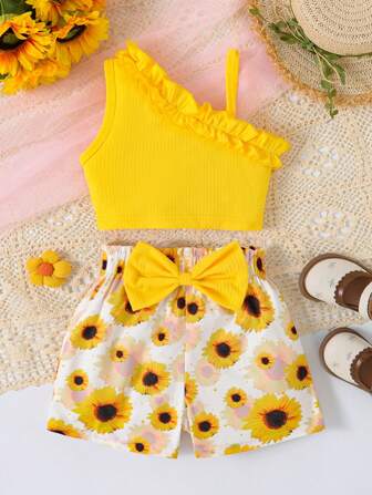 Young Girls Sleeveless Ruffle Hem Camisole Top + Sunflower Print Bow Decor Shorts 2 Pieces Set