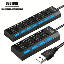 7 端口/4 端口带 LED 灯 USB 2.0 适配器集线器，[仅支持数据传输，无法充电] 带独立电源开/关，适用于计算机、平板电脑、笔记本电脑 [仅支持数据传输，无法充电] USB 连接器、计算机鼠标、键盘、存储卡、独立开关、通用集线器 - 彩色 - 查看 3
