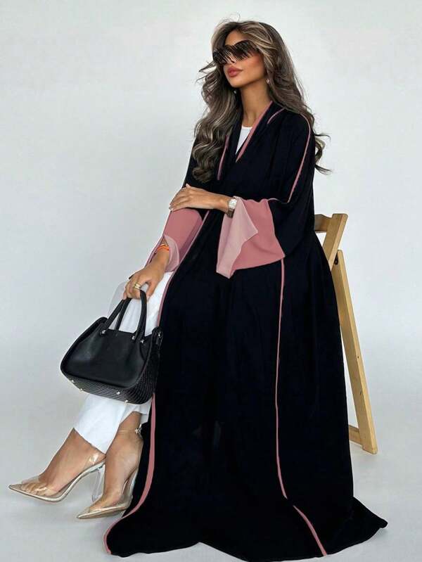 1pc Color Block Patchwork Sleeve Elegant Casual Refined Robe, Exquisite Fabric Workmanship, Graceful High-Quality Feel, Fashionable And Generous, Modest Kaftan